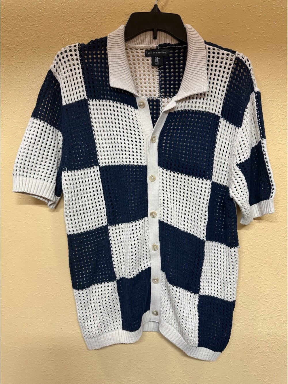 Art of Rhetoric Men's Medium Navy Cream Checker Open Knit Crochet Shirt
